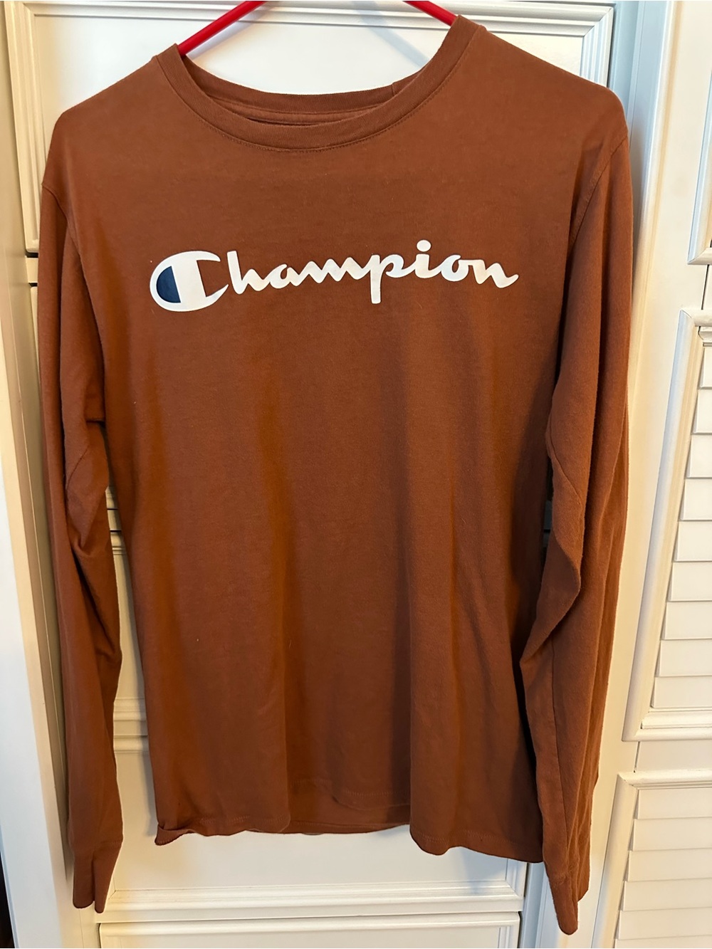 Champion Long Sleeve Logo Tee in Rust Brown Womens Size Small